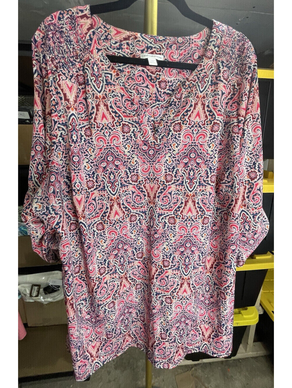 Croft & Barrow 2X Blouse Roll Tab Sleeve Paisley V-Neck Pullover Top EUC
